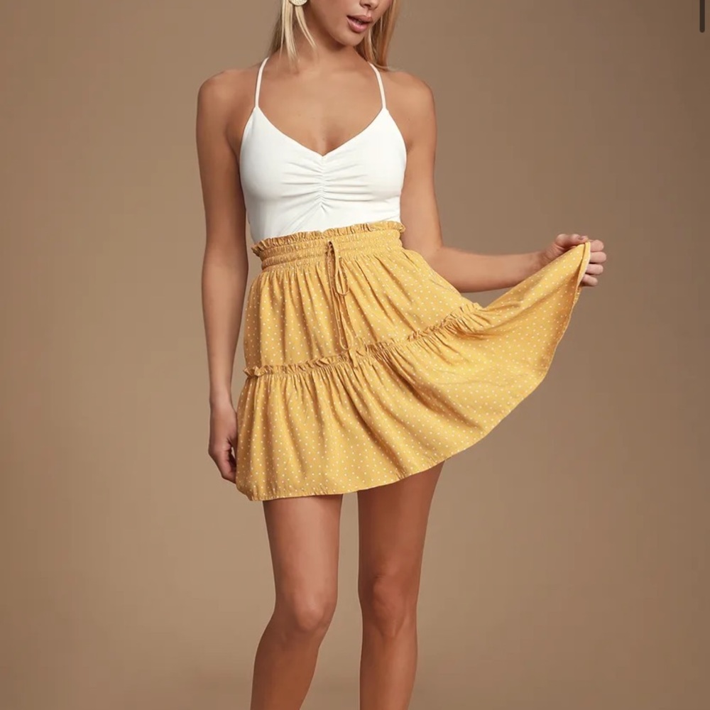 Lulus Call You Mine Mini Skirt Yellow Polka Dot small - Picture 2 of 10